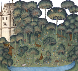 Medieval illumination of a mysterious grove bordering a castle. There is a stream and various animals, such as deer and rabbits, populate the grove.
