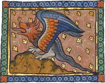 A colourful dragon with a horned, furry red head and blue wings with rows of white, gold, red, brown, and blue feathers. The rest of its body is serpentine, with two paws. It stands on a mound of dirt, its head raised defiantly at the sky. 